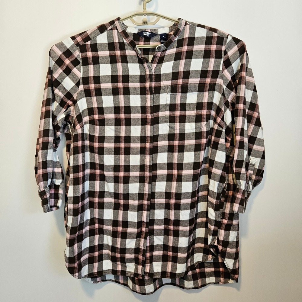 Lands End Flannel Shirt Womens 2X Button Up Brown Pink Plaid 3/4 Sleeve Tunic